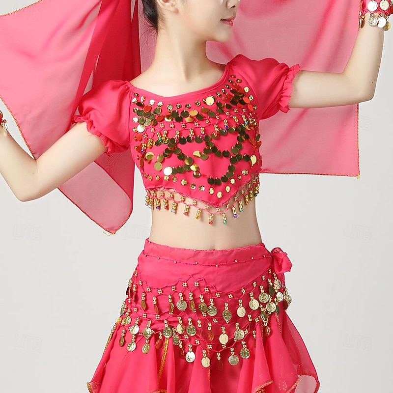 Belly Dance Kids' Dancewear Top Pure Color Splicing Paillette Girls' Performance Training Short Sleeve High Polyester2