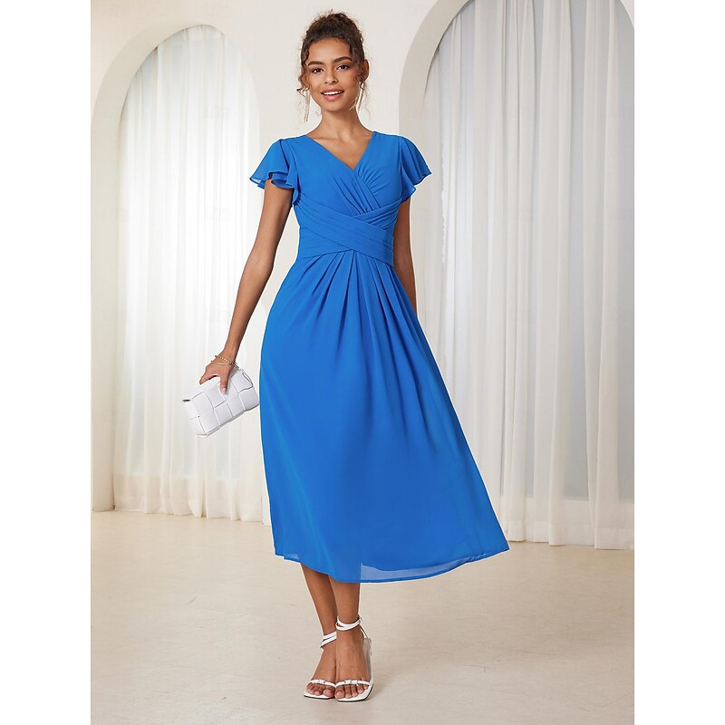 Women's Wedding Guest Cocktail Dress Chiffon Ruched Ruffle Elegant Formal Wrap Midi Dress V Neck Ruffle Sleeve Blue Green Color 8
