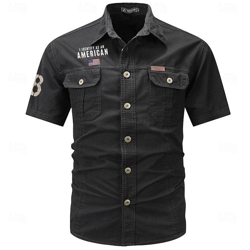 Men's Flag American US Flag Letter Printed Work Shirt Western Shirt Cargo Shirt Short Sleeve Casual Tactical Going out Summer Turndown Buttons Print Black Army Green Dark Blue Gray