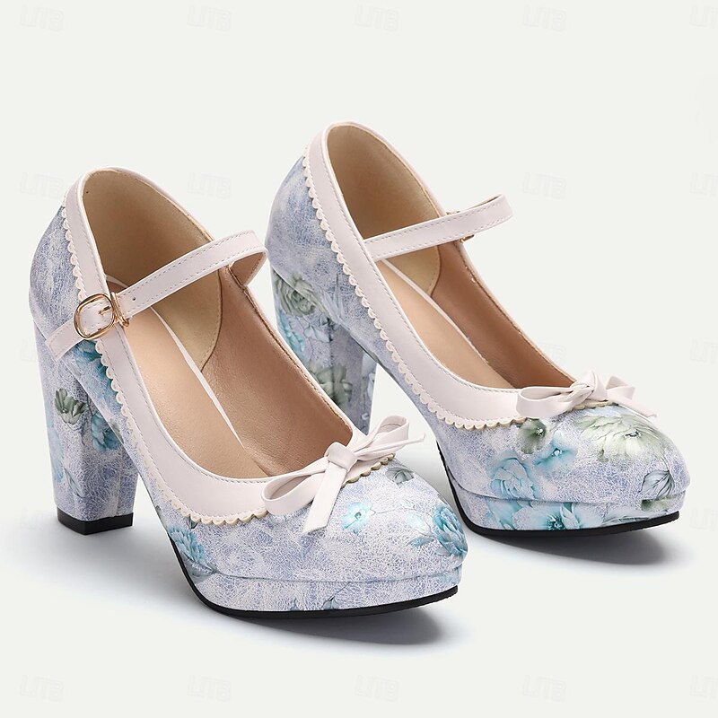 Elegant Floral Chunky Heel Mary Janes for Women - Vintage Inspired with Ribbon Ties and Scalloped Trim3