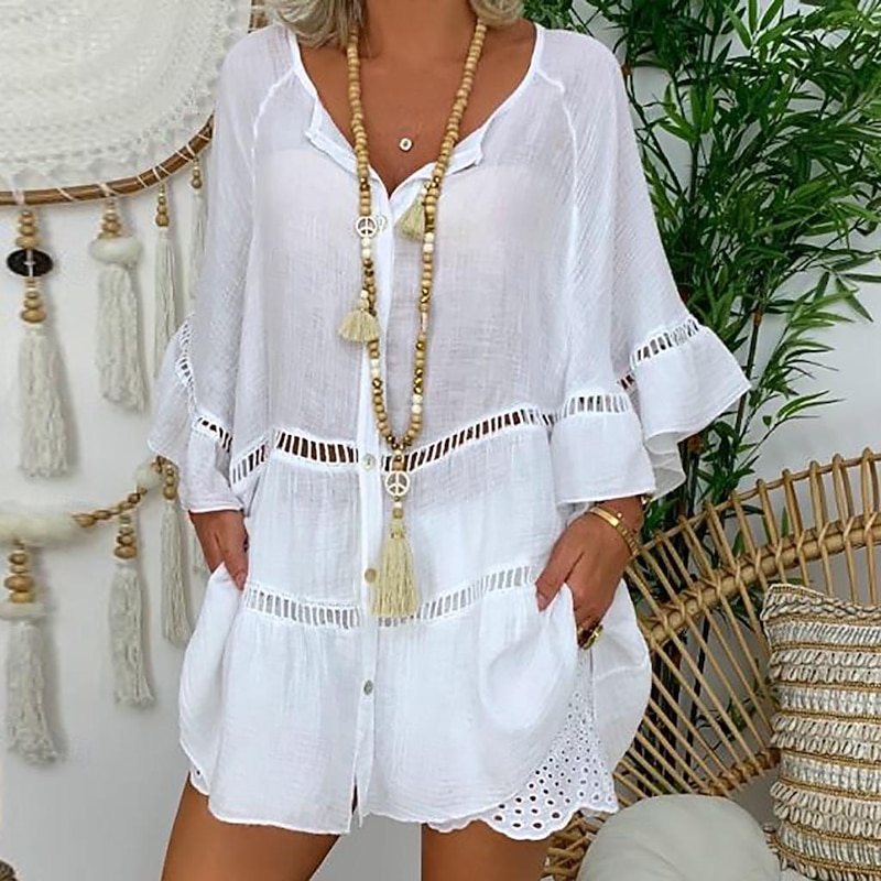 Women's Shirt Linen-Inspired Shirts Blouse Plain Fashion V Neck Street Daily Cut Out Long White Yellow Red Brown Summer