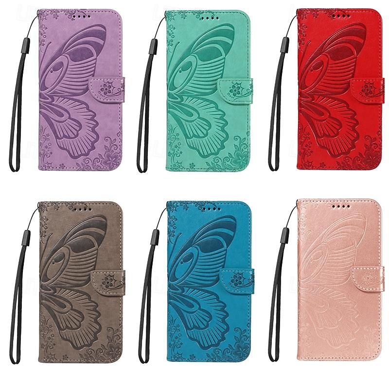 Phone Case For Samsung Galaxy S25 S24 S23 S23 FE S22 S21 Ultra Plus A55 5G A35 5G A25 A15 Back Cover with Stand Holder Magnetic with Wrist Strap Butterfly Retro TPU PU Leather