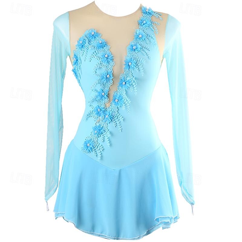 Figure Skating Dress Women's Girls' Ice Skating Dress Lake Blue Patchwork Open Back Mesh Spandex High Elasticity Training Practice Professional Skating Wear Classic Long Sleeve Ice Skating Figure