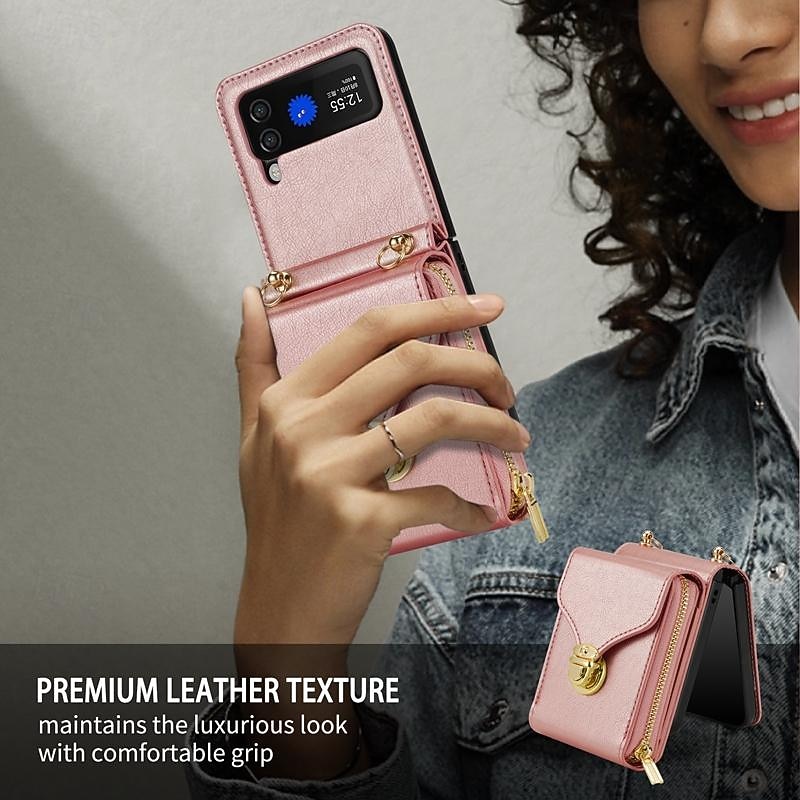 Phone Case For Samsung Galaxy Z Flip 6 Z Flip 5 Z Flip 4 Z Flip 3 Back Cover Flip Cover Zipper with Lanyard Card Slot Retro PC PU Leather3