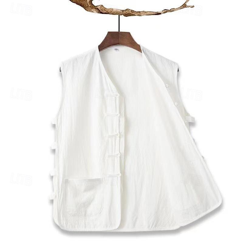 Men's Vest Gilet Daily Vacation Beach Vintage Fashion Spring & Summer Button Pocket 85% Cotton Breathable Comfortable Plain Single Breasted One-button V Neck Regular Fit Black White Burgundy Navy Blue