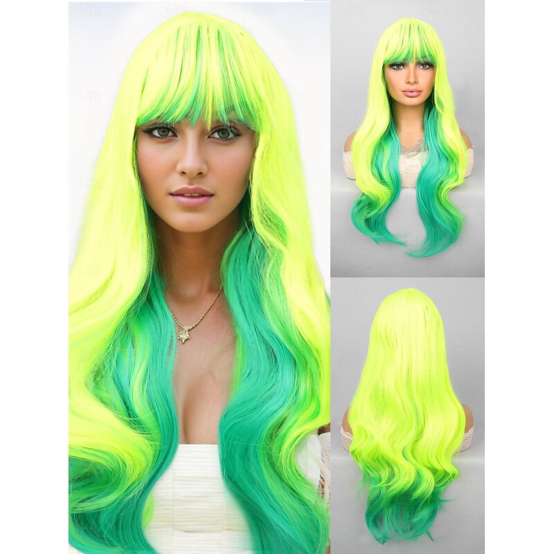 Synthetic Wig Deep Wave Neat Bang Wig 26 inch fluorescent green Synthetic Hair Women Green