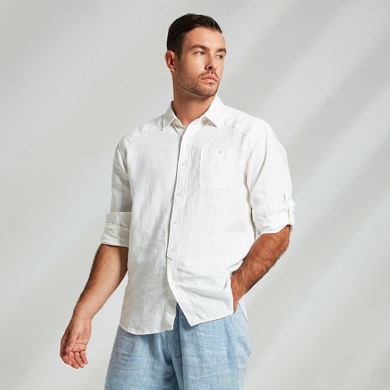 Men's 100% Linen Shirt White Long Sleeve Solid Color Turndown Summer Outdoor Office / Career Clothing Apparel Button2