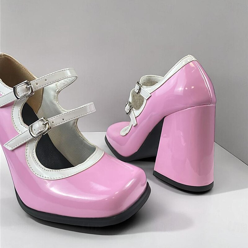 Retro Chic Pink Patent Platform Heels with Double Straps for Women - Trendy and Stylish4