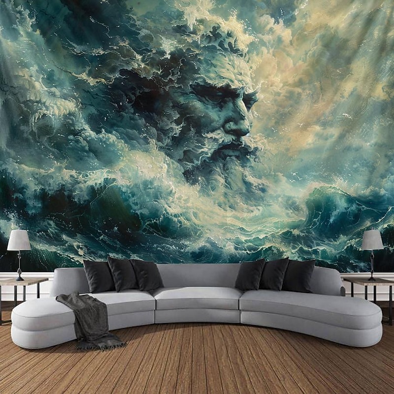 Poseidon God Greek Mythology Hanging Tapestry Wall Art Large Tapestry Mural Decor Photograph Backdrop Blanket Curtain Home Bedroom Living Room Decoration