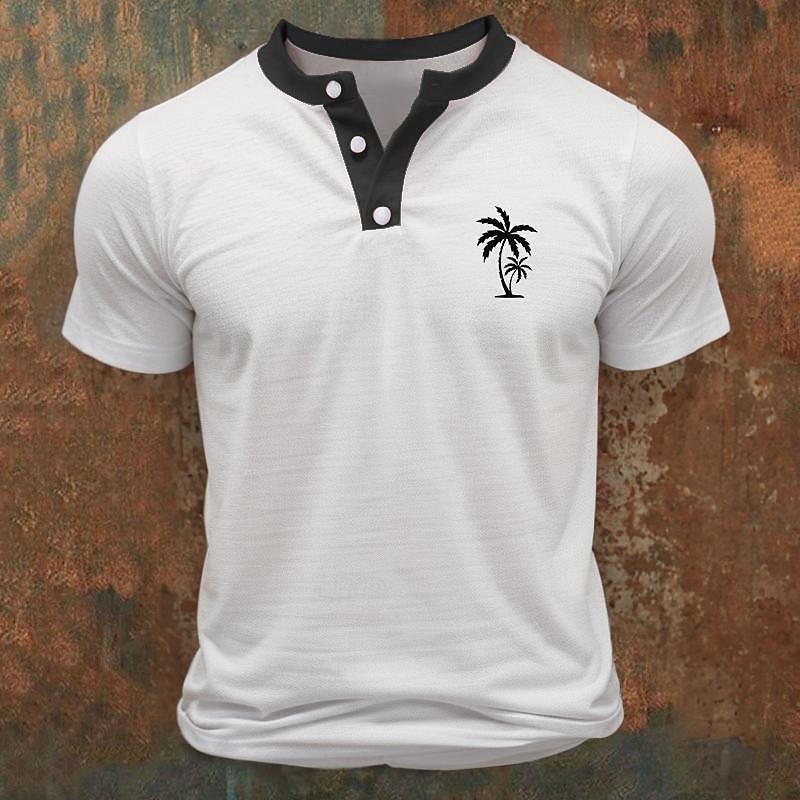 Men's Button T Shirt T Shirt Henley Shirt Tee Short Sleeve Henley Spring & Summer Color Block Coconut Tree Fashion Designer Basic Patchwork Vacation Street Going out Black Red Blue Top Tee for Men4
