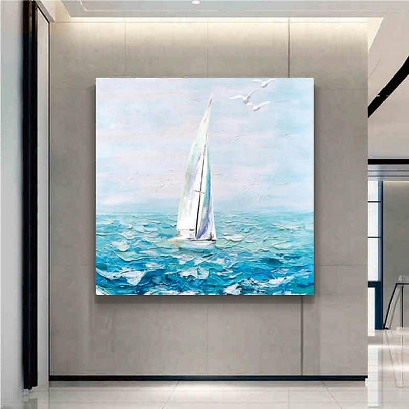 Sea Landscape White Boat Painting hand painted Navy Blue Orange Textured Landscape Painting On Canvas for  Living room Modern Wall Art Sky Painting for living room artwork painting2