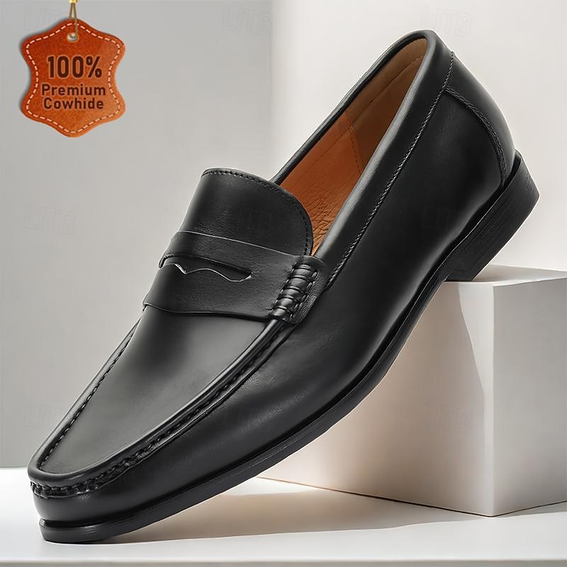 Men's Premium Cowhide Leather Loafers - Classic Slip-On Dress Shoes for Formal and Business Wear