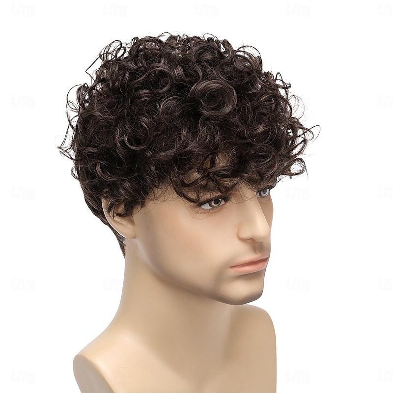 Mens Curly Wigs Dack Brown Short Wig,Synthetic Heat Resistant Costume Wig Mens Daily Cosplay Party Halloween3