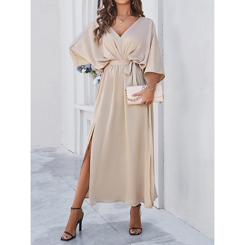 Women's Tiered Dress Maxi Dress Split Thigh Party Formal V Neck 3/4 Length Sleeve Batwing Sleeve Black Wine Green Color4