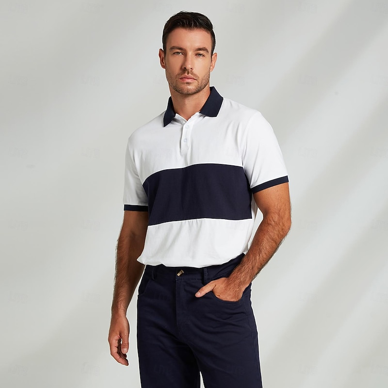 Men's 100% Cotton Polo Knit Polo Sweater Business Casual Lapel Short Sleeve Modern Formal Solid Color Button Summer White Polo4