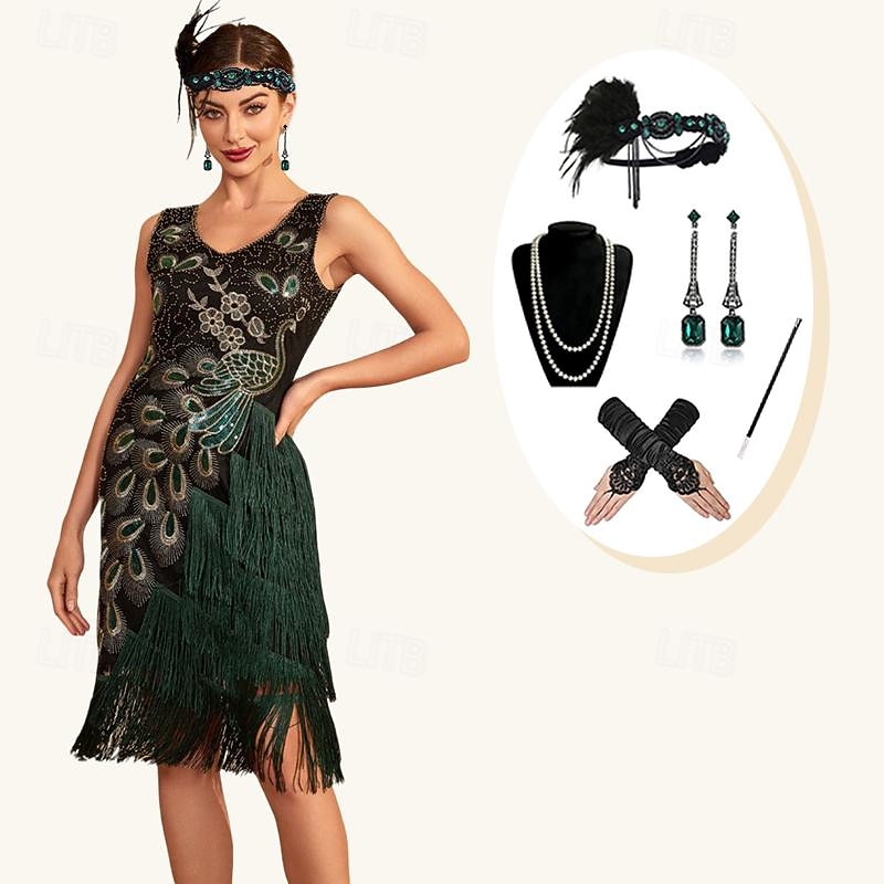 Retro Vintage Roaring 20s 1920s Flapper Dress Outfits Cocktail Dress The Great Gatsby Wedding Guest Sequins Tassel Fringe Fancy Dress Women's Masquerade Party / Evening Wedding Reception Bachelorette