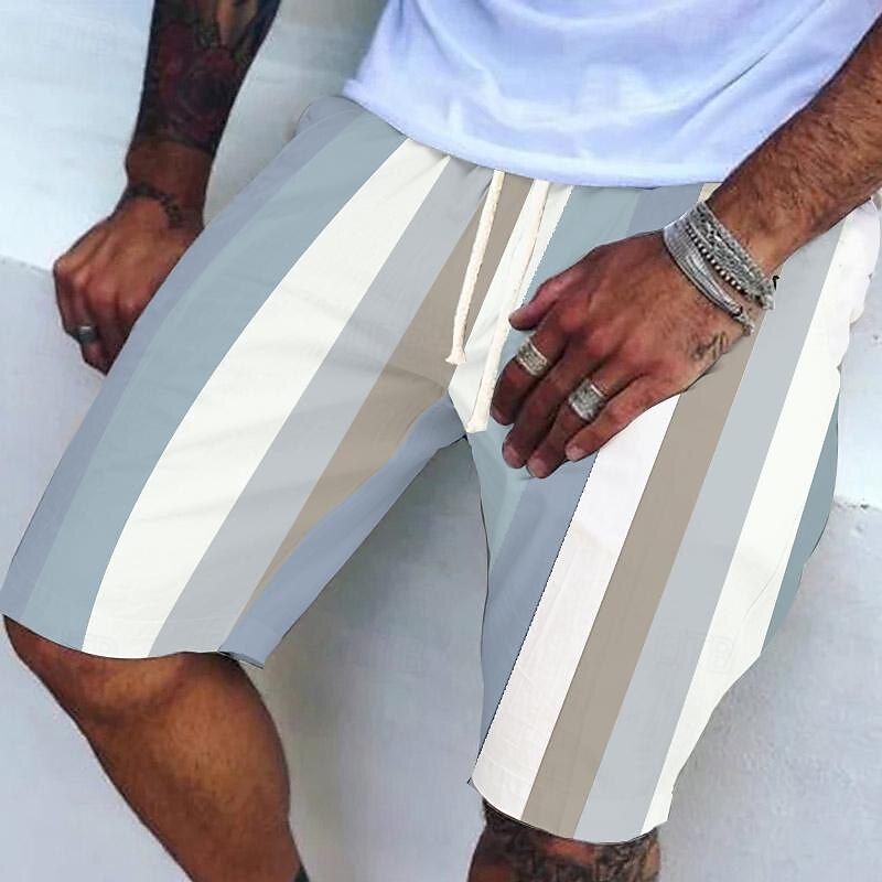 Men's Summer Shorts Beach Shorts Pocket Drawstring Elastic Waist Stripe Comfort Breathable Knee Length Holiday Vacation Beach Hawaiian Boho Red Navy Blue3