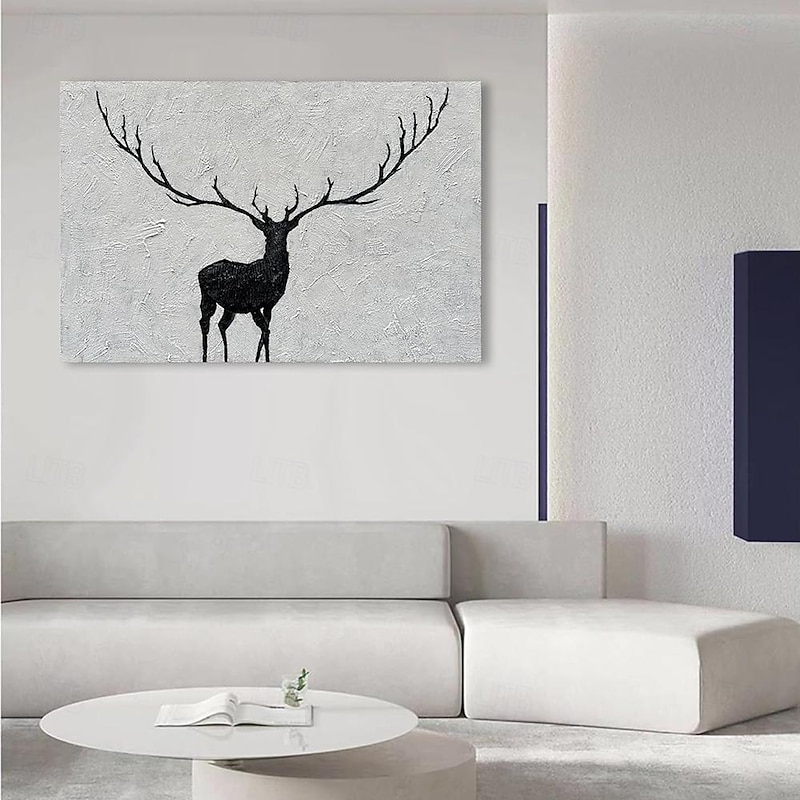 Handmade Oil Painting Canvas Wall Art Decoration Black and White Simple Abstract Texture Animal Sika Deer for Home Decor Rolled Frameless Unstretched Painting4