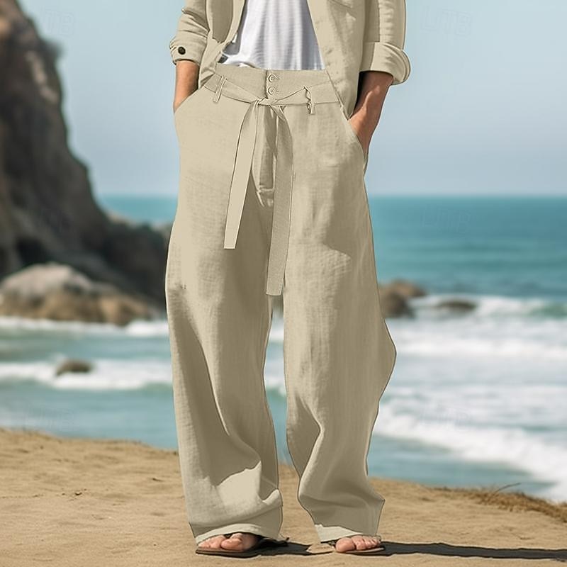 Men's Linen Pants Trousers Summer Pants Drawstring Elastic Waist Straight Leg Plain Comfort Breathable Full Length Outdoor Daily Beach Fashion Streetwear Black White2