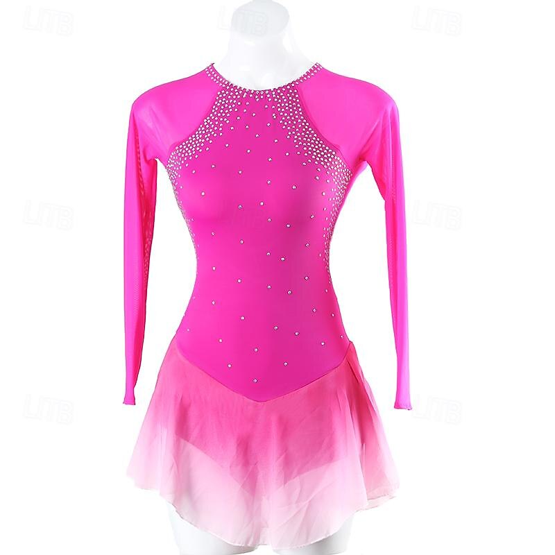 Figure Skating Dress Women's Girls' Ice Skating Dress Rose Red Patchwork Open Back Mesh Spandex High Elasticity Training Practice Professional Skating Wear Classic Crystal / Rhinestone Long Sleeve4