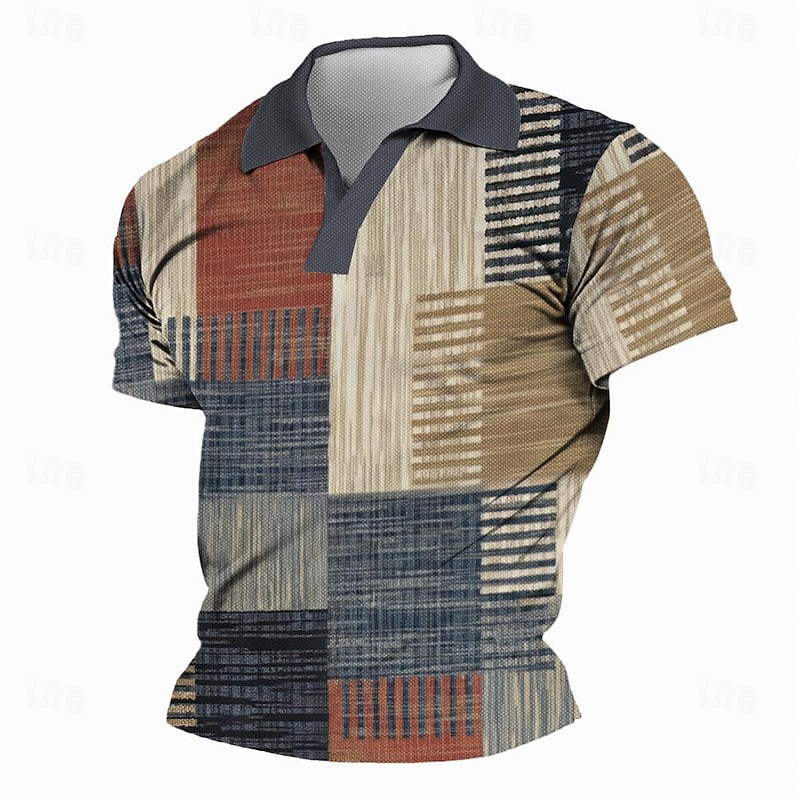 Men's Polo Shirts Golf Shirt Short Sleeve Polo Shirts V Neck Vintage Casual Vacation Wear Formal Wear Festival Wear 3D Print Spring & Summer Khaki