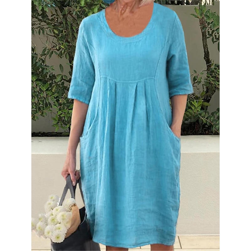 Women's Navy Blue Sky Blue Green Summer Spring Mini Dress Linen-Inspired Dresses Casual Dress Basic Modern Daily Weekend Loose Fit Plain Crew Neck