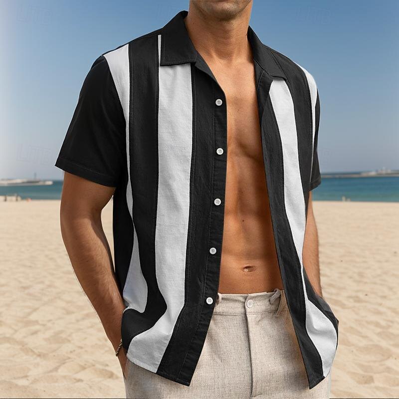 Men's Shirt Summer Shirt Casual Shirt Beach Shirt Button Up Shirt Striped Shirts Black Green khaki Short Sleeve Stripes Camp Collar Vacation Hawaiian Clothing Apparel Fashion Casual Comfortable