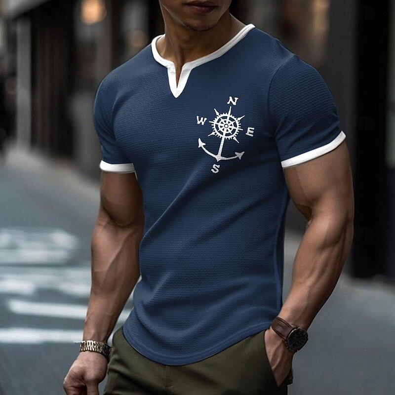 Men's Nautical Compass Waffle Shirt Short Sleeve T shirt 3D Print V Neck Shirt Daily Designer Street Daily Black Royal Blue Gray Summer Spring Clothing Apparel S M L XL XXL XXXL