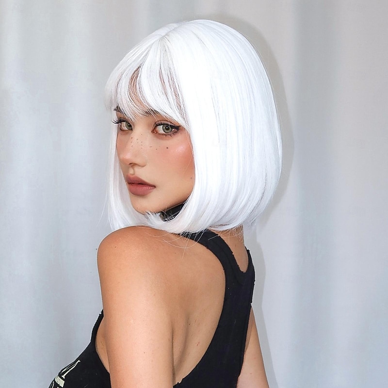 Synthetic Wig Uniforms Career Costumes Princess Straight kinky Straight Middle Part Layered Haircut Machine Made Wig 12 inch White Synthetic Hair Women's Cosplay Party Fashion White3