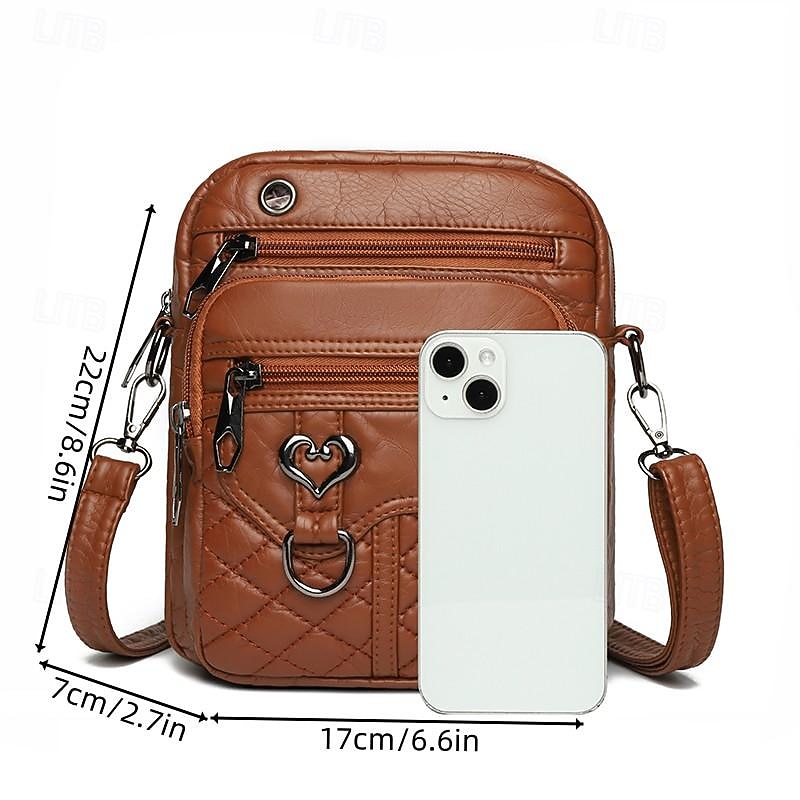 Fashionable Brown Quilted Crossbody Bag for Women – Stylish Faux Leather Shoulder Bag with Heart-Shaped Zipper Pull and Multiple Pockets2