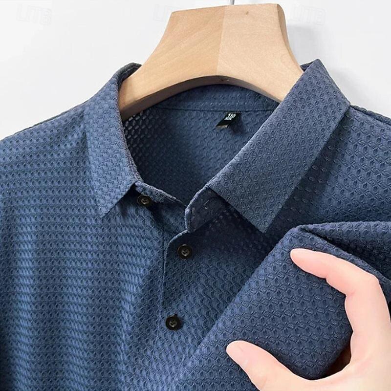 Men's Waffle Polo Shirt Golf Shirt Work Casual Lapel Short Sleeve Basic Modern Plain Button Spring & Summer Regular Fit Black White Navy Blue Dark Green Coffee Gray Waffle Polo Shirt