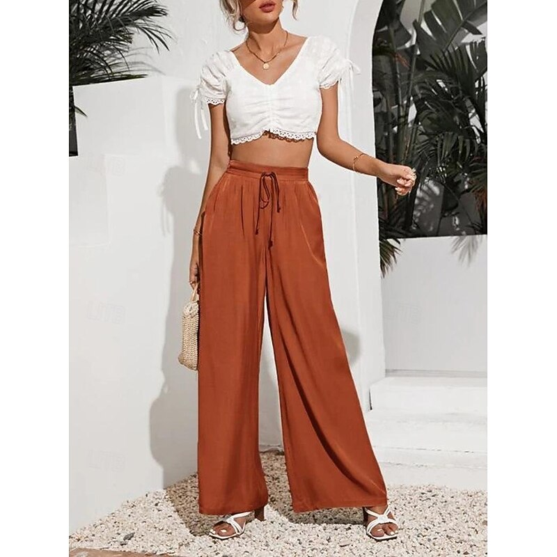 Women's Wide Leg Pants Trousers Casual Daily Long Plain Drawstring Side Pockets Breathability Comfortable Micro-elastic Weekend Black Red Beige Gray Spring & Summer Regular Fit4