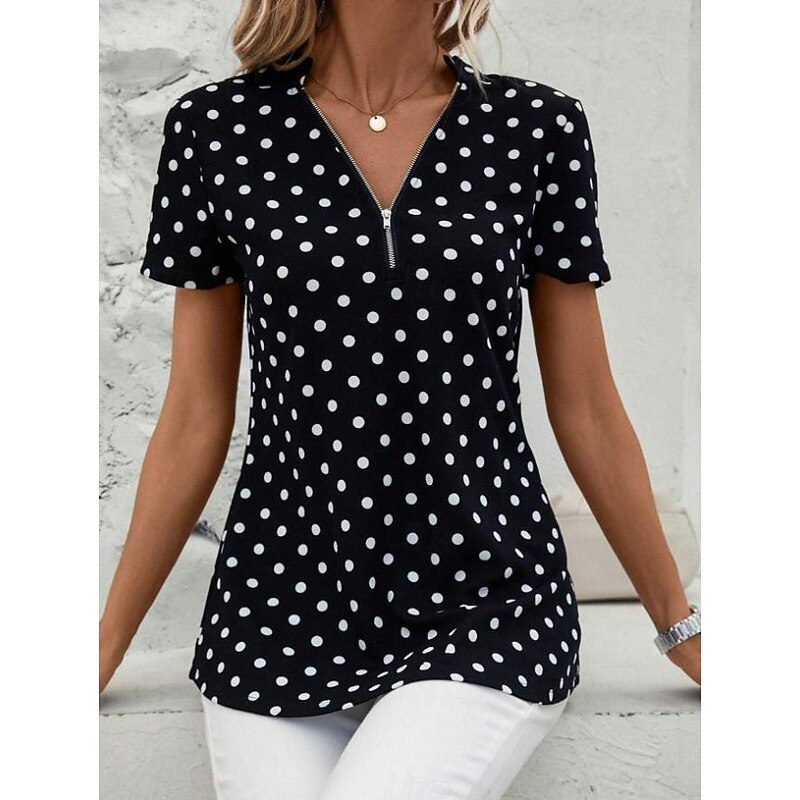 Women's Shirt Stylish Polka Dot Zipper Short Sleeve Zip Daily Black Summer