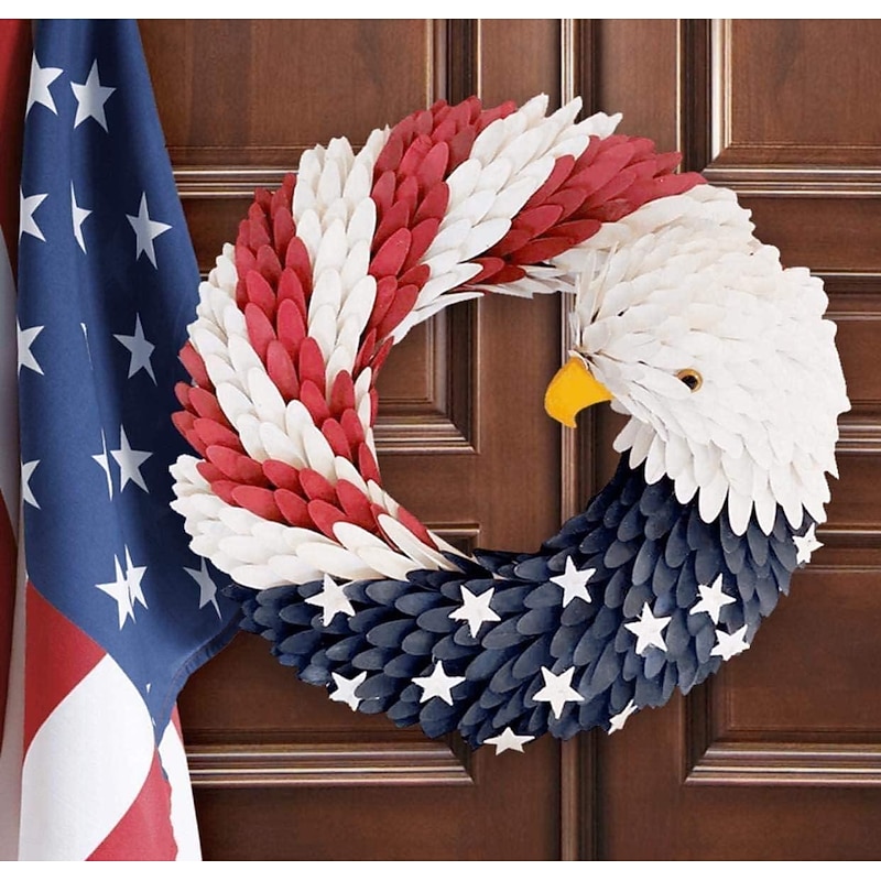 Patriotic Wreath American Flag Bald Eagle Wreath, Independence Day 4th July Memorial Day Wreath for Front Door, Farmhouse Wreath Artificial Wreaths for Front Door Summer Holiday Decor 15"4