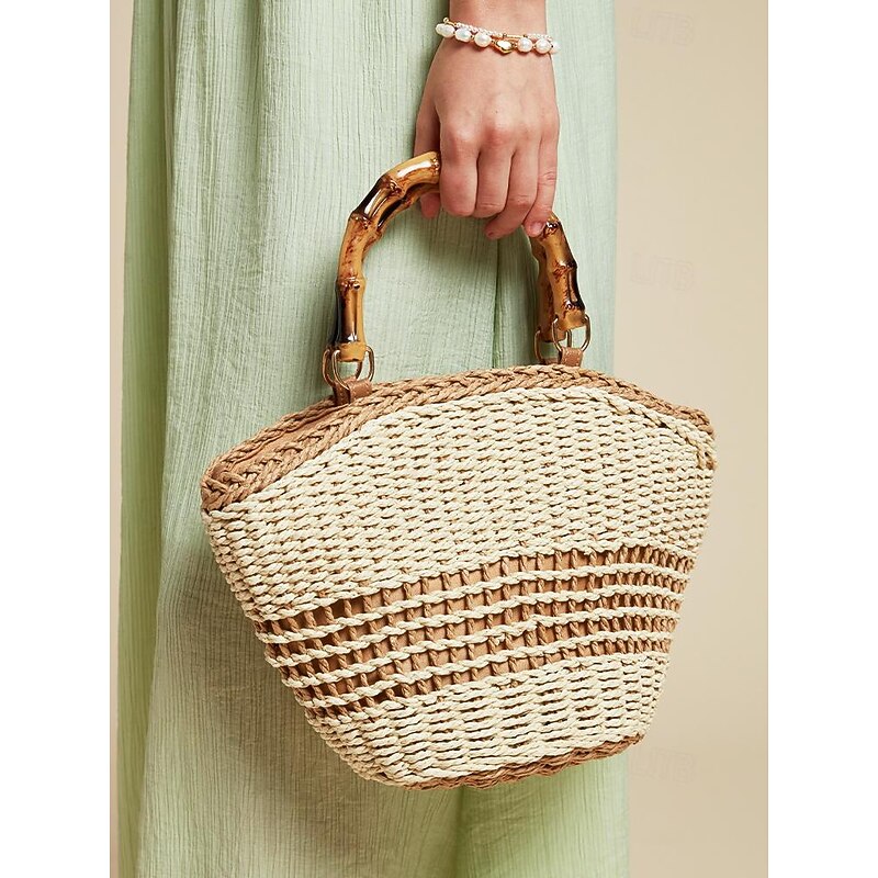 Chic Summer Straw Basket Bag with Bamboo Handle - Versatile Shoulder Strap Woven Purse for Women