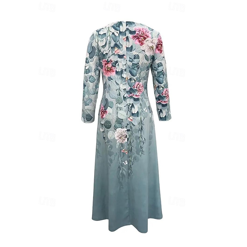 Women's Midi Dress Tiered Dress Elegant Vintage Date Regular Fit Flower Long Sleeve Crew Neck Blue Green Grey Summer Spring Fall Autumn4