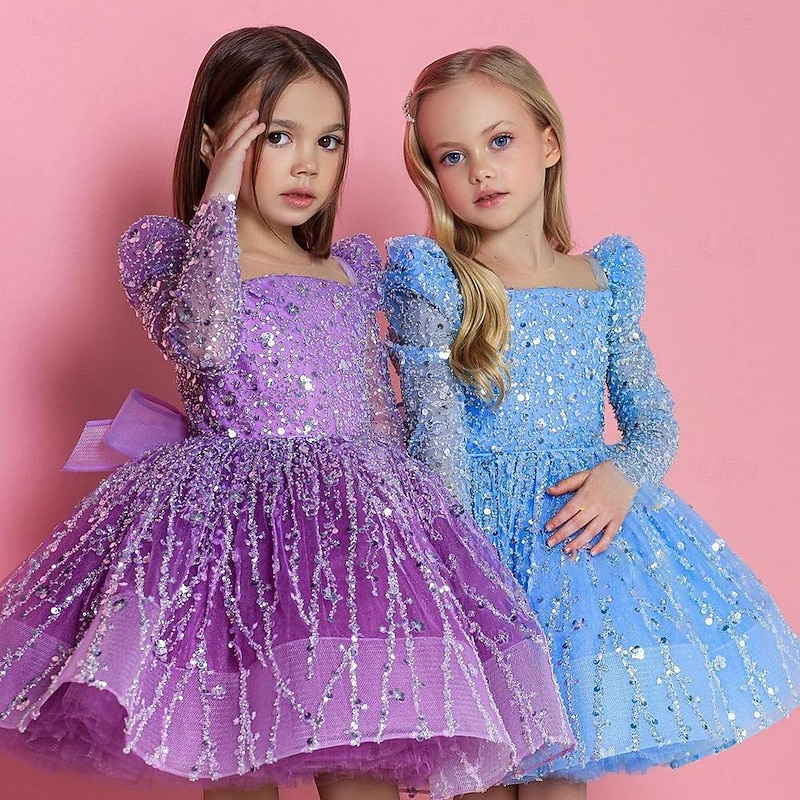 Toddler Girls' Party Dress Sequin 3/4 Length Sleeve Performance Mesh Cute Princess Polyester Above Knee Sheath Dress Tulle Dress Summer Spring Fall 4-7 Years Pink Purple
