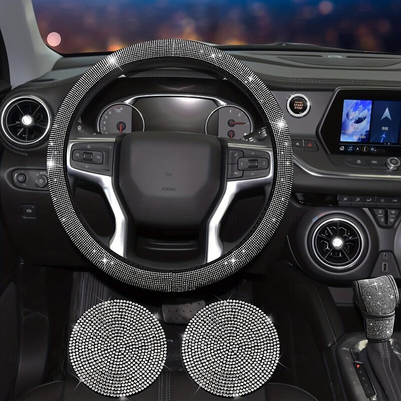 7PCS/SET Bling Car Accessories Set for Women - Includes Steering Wheel Cover Coasters Seat Belt Pads Emblem Sticker and Gear Shift Cover - Add Sparkle and Comfort to Your Ride3