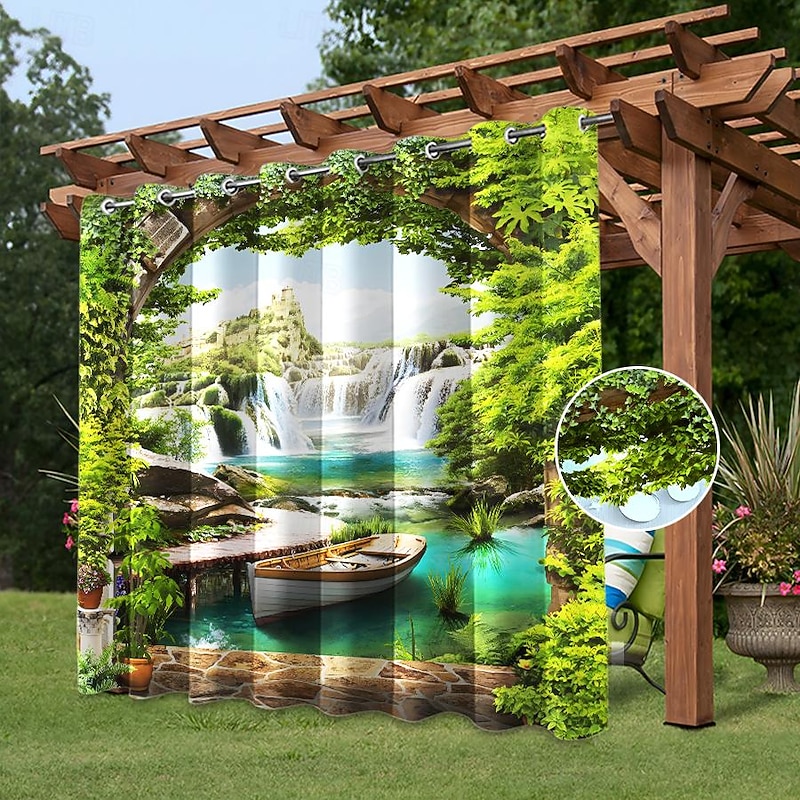 Waterproof Outdoor Curtain Privacy, Sliding Patio Curtain Drapes, Pergola Curtains Grommet 3D Watrefall Boat For Gazebo, Balcony, Porch, Party, 1 Panel2
