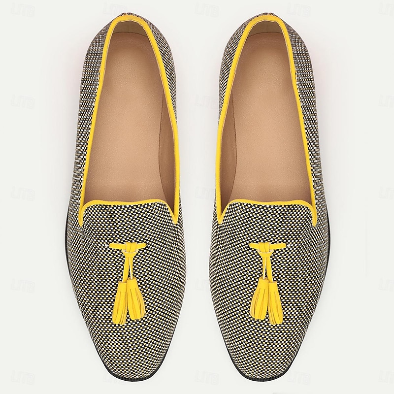 Men's Tassel Slip-On Loafers - Stylish Yellow and Black Patterned Dress Shoes4