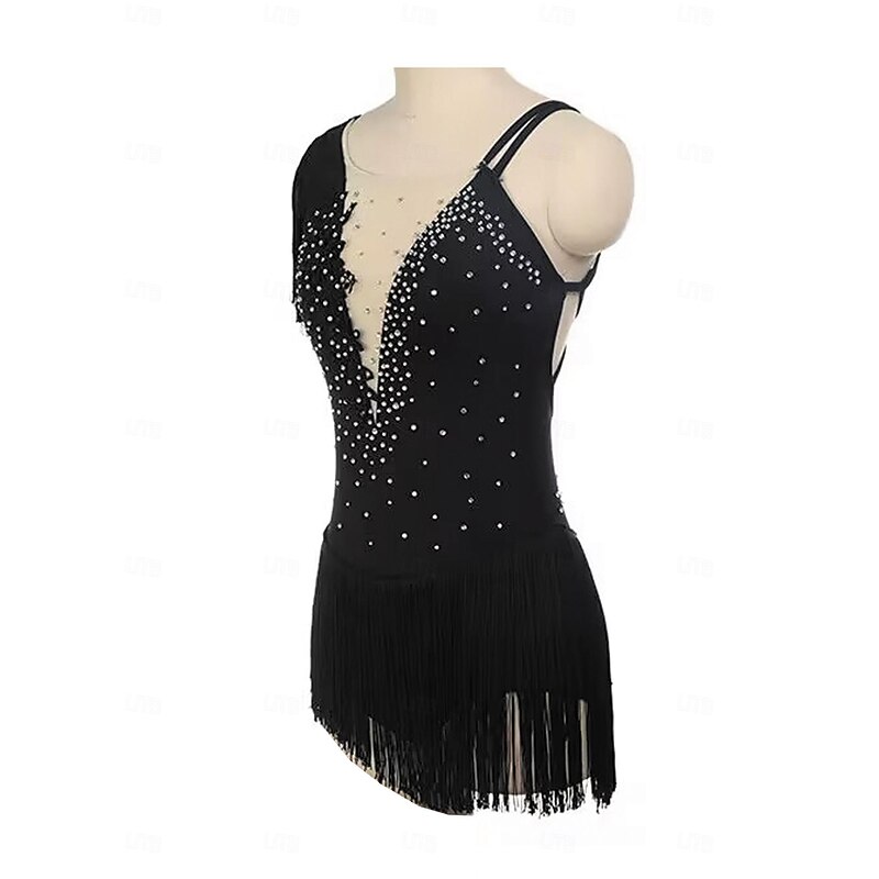 Figure Skating Dress Women's Girls' Ice Skating Dress Black Patchwork Tassel Mesh Spandex Stretchy Training Practice Professional Skating Wear Thermal Warm Crystal / Rhinestone Sleeveless Ice Skating3
