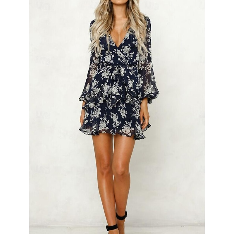 Women's Casual Dress Floral Print V Neck Mini Dress Stylish Casual Daily Date Long Sleeve Fall3