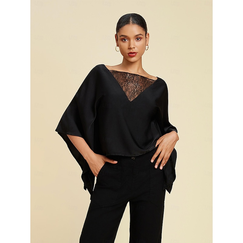 Women's Summer Tops Solid / Plain Color Casual Daily Weekend Batwing Sleeve Black Lace Dolman Casual Daily Bateau Summer