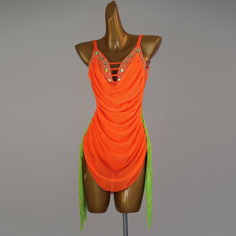 Latin Dance Dress Rhinestone Tassel Women's Performance Training Sleeveless High Spandex4