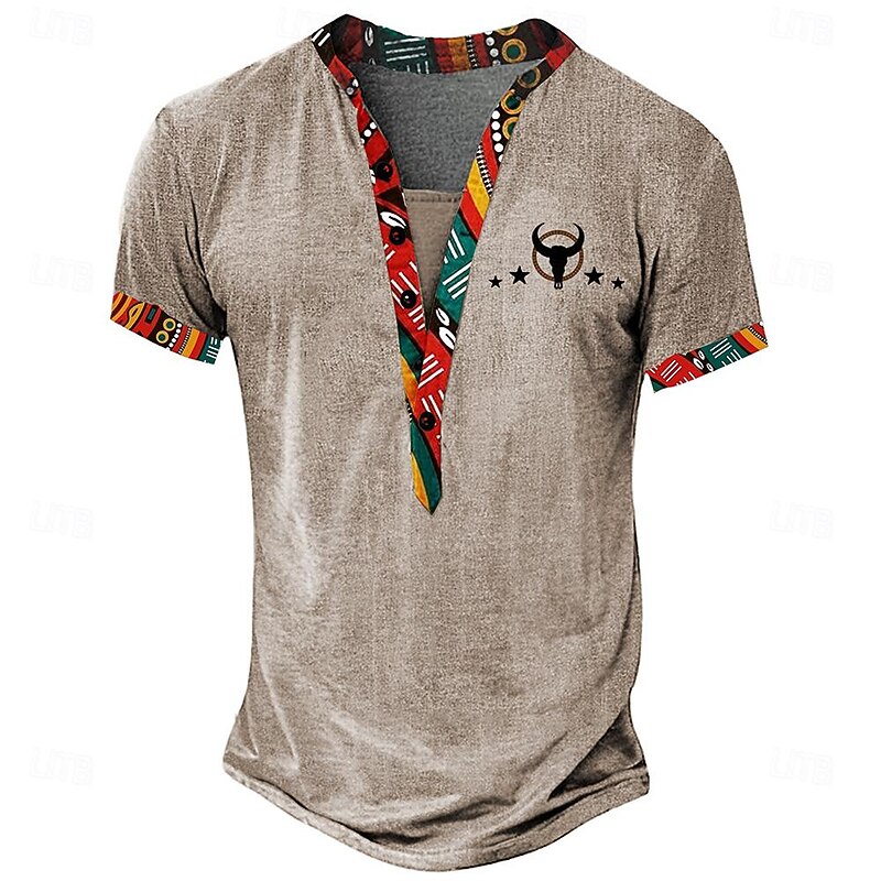 Men's Graphic Tribal Henley Shirt Short Sleeve 3D Print Fashion Designer Basic Daily Summer Yellow Green Gray Stand Collar Henley T-Shirt4