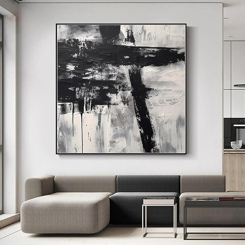 Handmade Oil Painting Acrylic Canvas Wall Art Decoration Minimal Black and White Abstract Texture for Home Decor Rolled Frameless Unstretched Painting