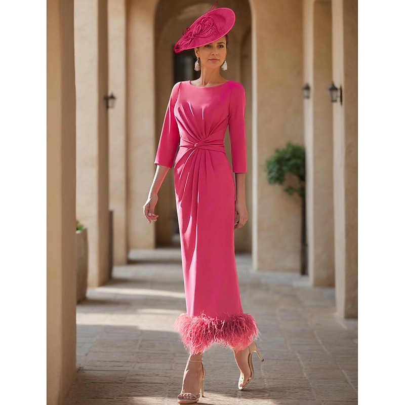 Sheath Mother of the Bride Dress Wedding Guest Elegant Jewel Neck Ankle Length Stretch Fabric Half Sleeve with Feather stretch dress2