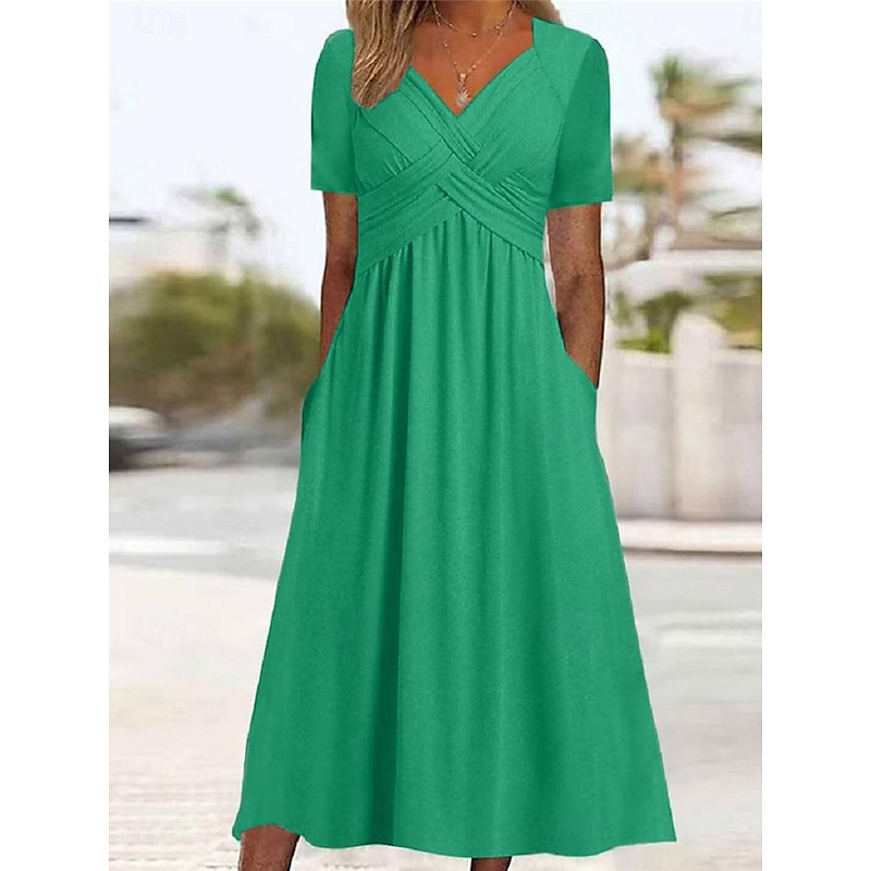 Women's A Line Dress Maxi Dress Pocket Basic Casual V Neck Short Sleeve Black Red Blue Color