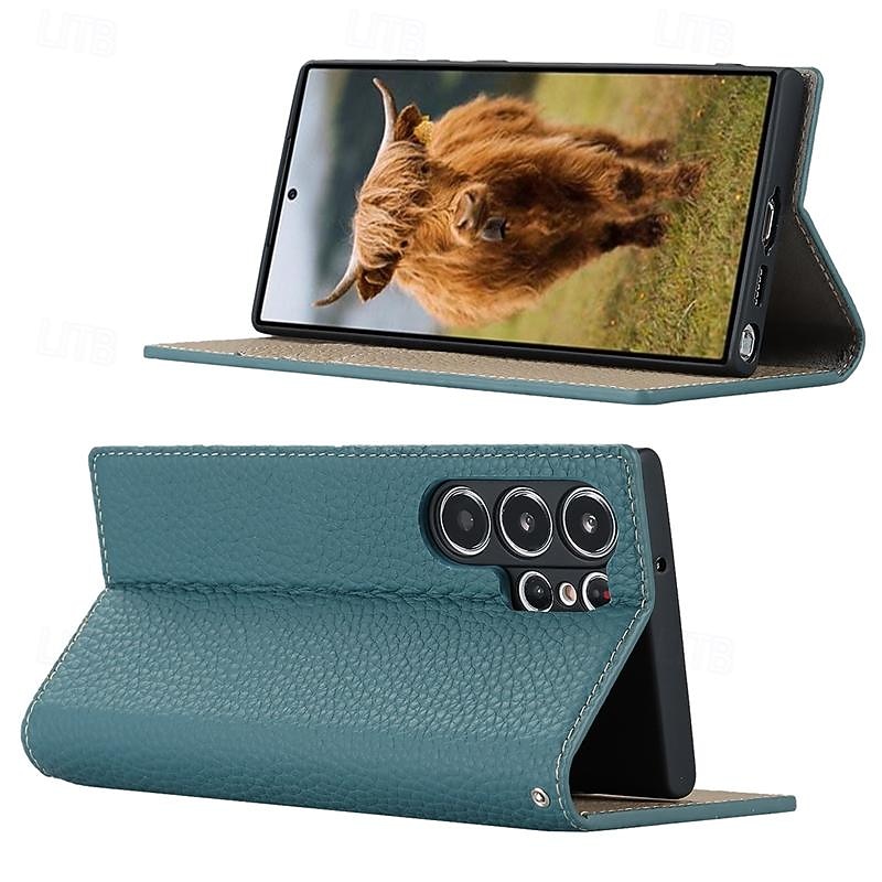 Phone Case For Samsung Galaxy S25 S24 S23 Ultra Plus S22 Plus  Ultra S20 S20 FE Wallet Case with Wrist Strap Kickstand Card Slot Retro Genuine Leather TPU4