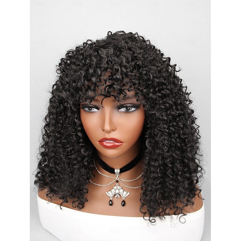Synthetic Wig Water Wave Neat Bang Wig 16 inch Black Synthetic Hair Women's Black2